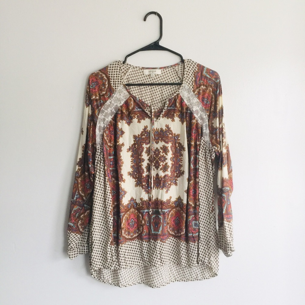 Umgee Flowy Lace Detail Bandana Boho Top Small S